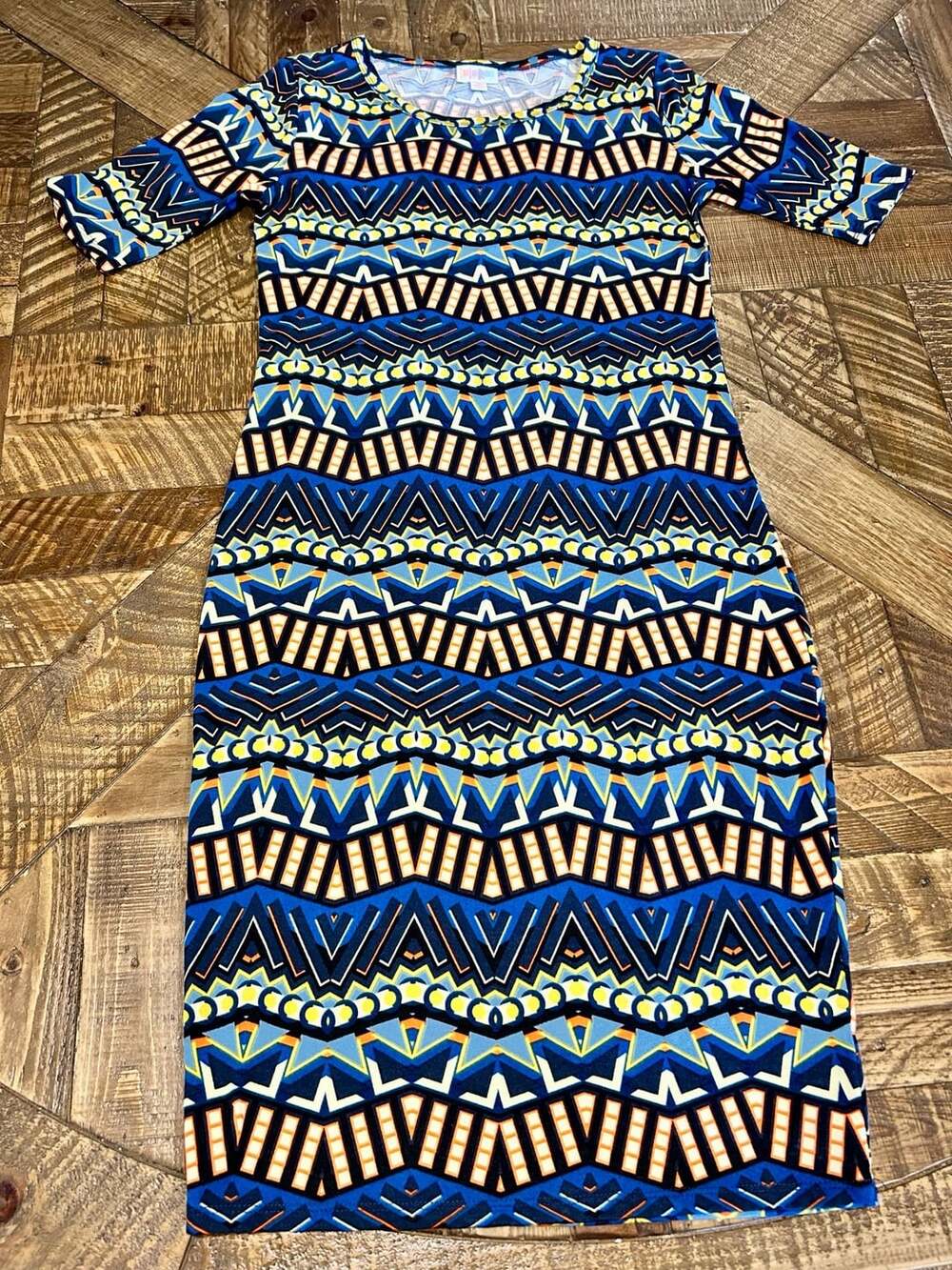 LuLaRoe Julia Dress Size XS Blue Orange Geometric Print Sheath